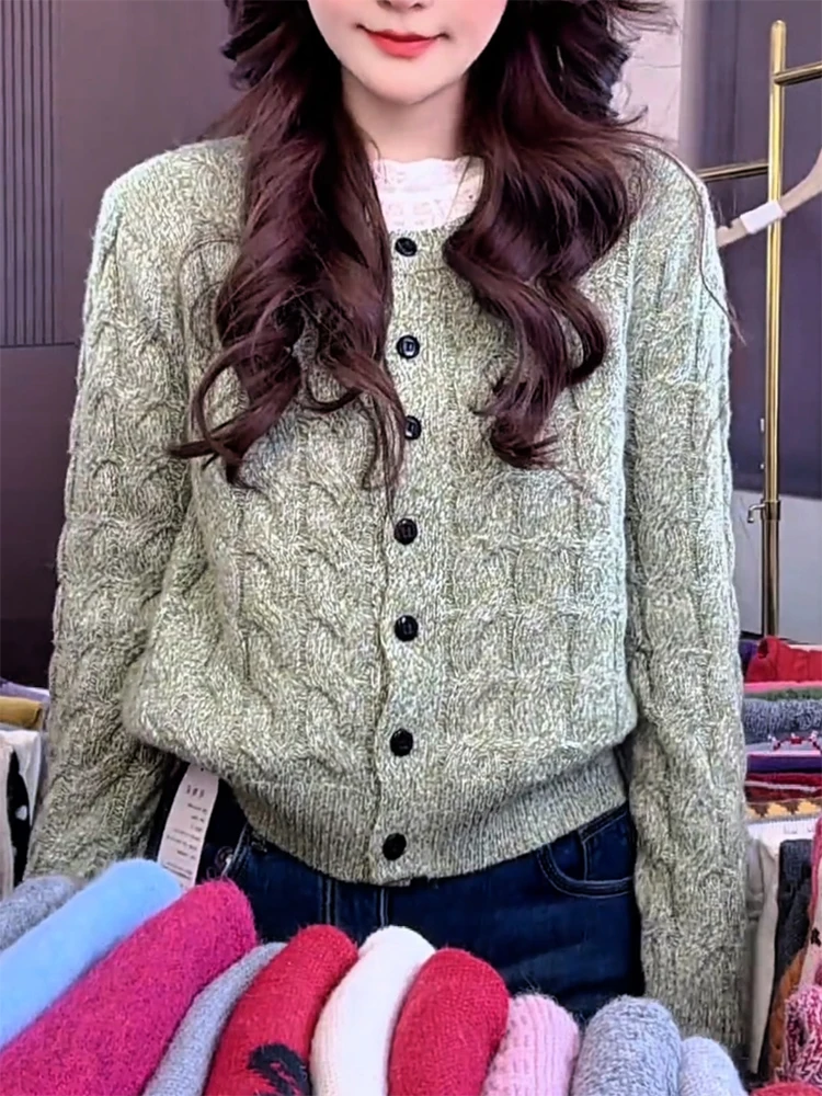 

Korean Sle Lazy Knitted Twist Ne Open Cardigan Autumn Winter New Arrival plus Size Versatile Warmth Emitting Long Sve Top
