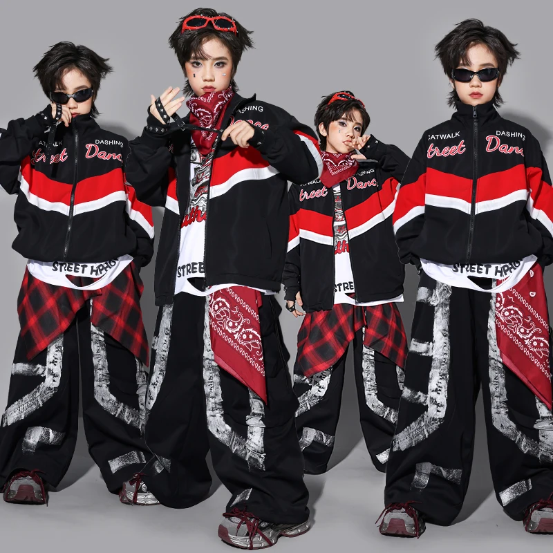 Hip Hop Outfit Boys Contrast Jacket Red Cargo Pants Girls K-pop Street Dance Clothes Sets Kids Jazz Costumes Children Streetwear