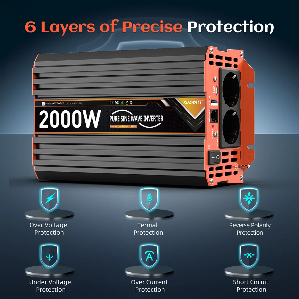 1000 W/2000 W reiner Sinus-Wechselrichter, 12 V auf 220 V, hocheffiziente Konvertierung mit 2 AC-Ausgängen, 1 USB-Schnittstellen-Fernschalter
