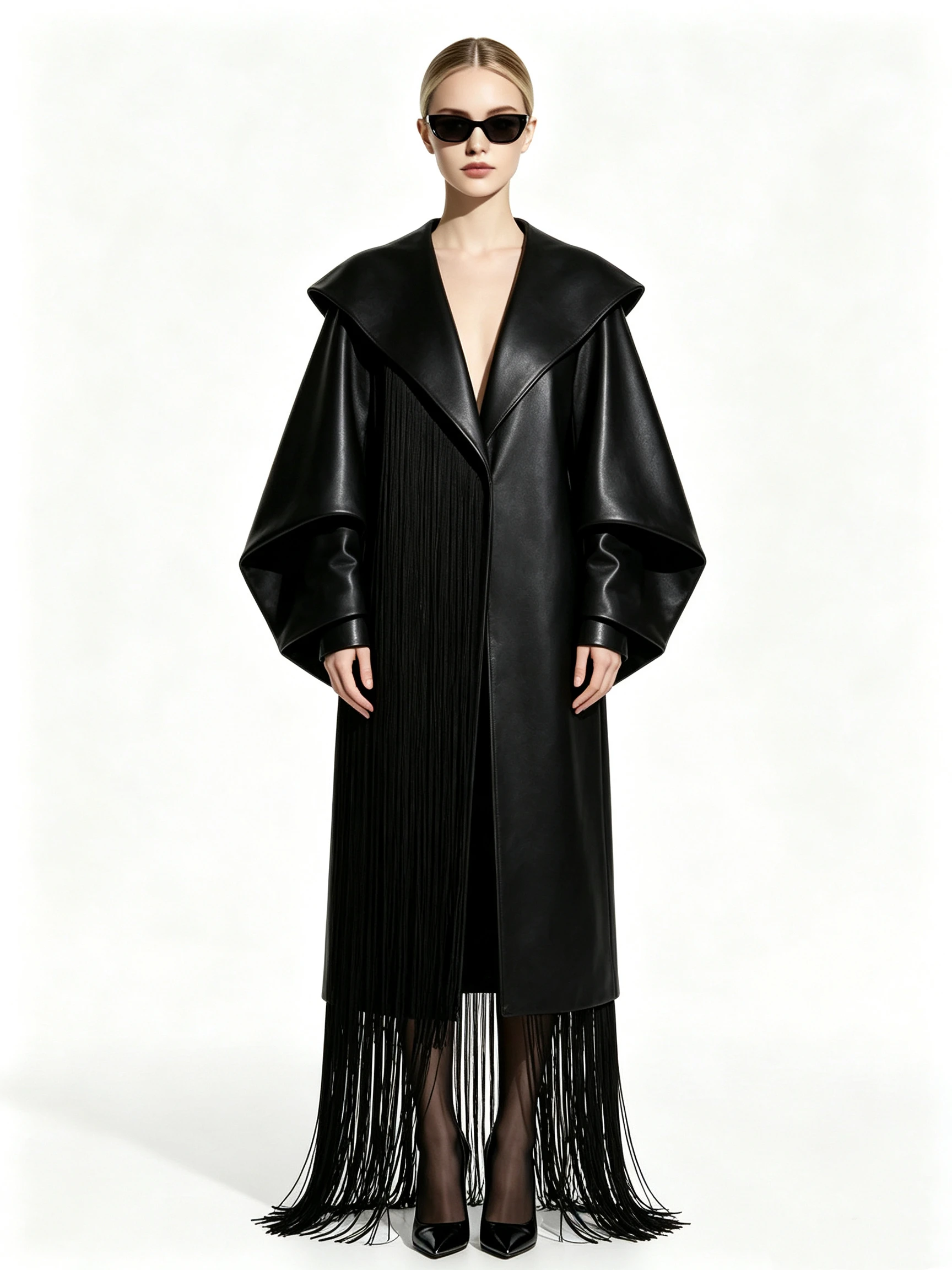 Women's Faux Leather Mini Dress with Exaggerated Cape Sleeves and Long Fringe Detail