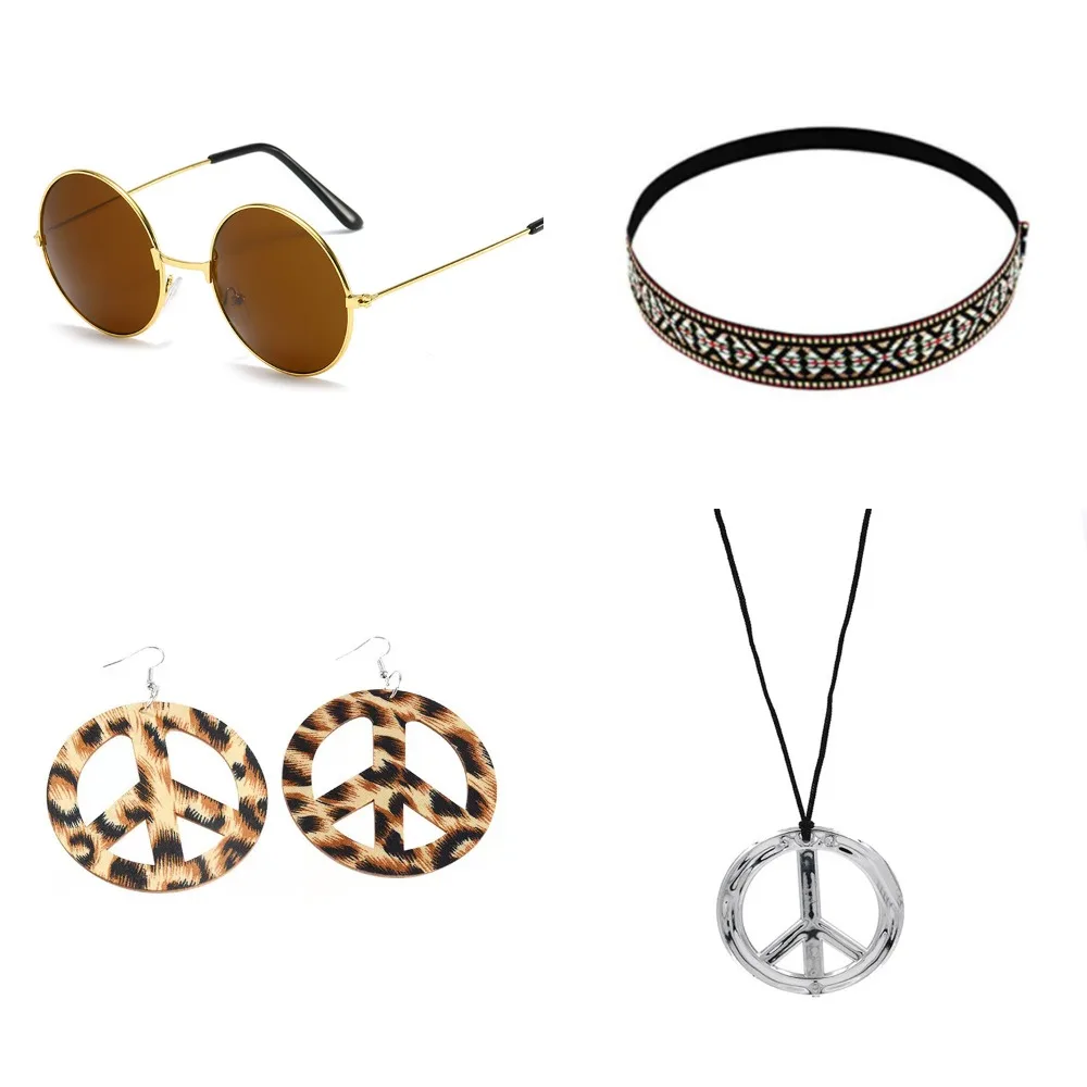 PESENAR Peace Logo Accessory Set (including sunglasses, patterned neckband, leopard print earrings, silver necklace)