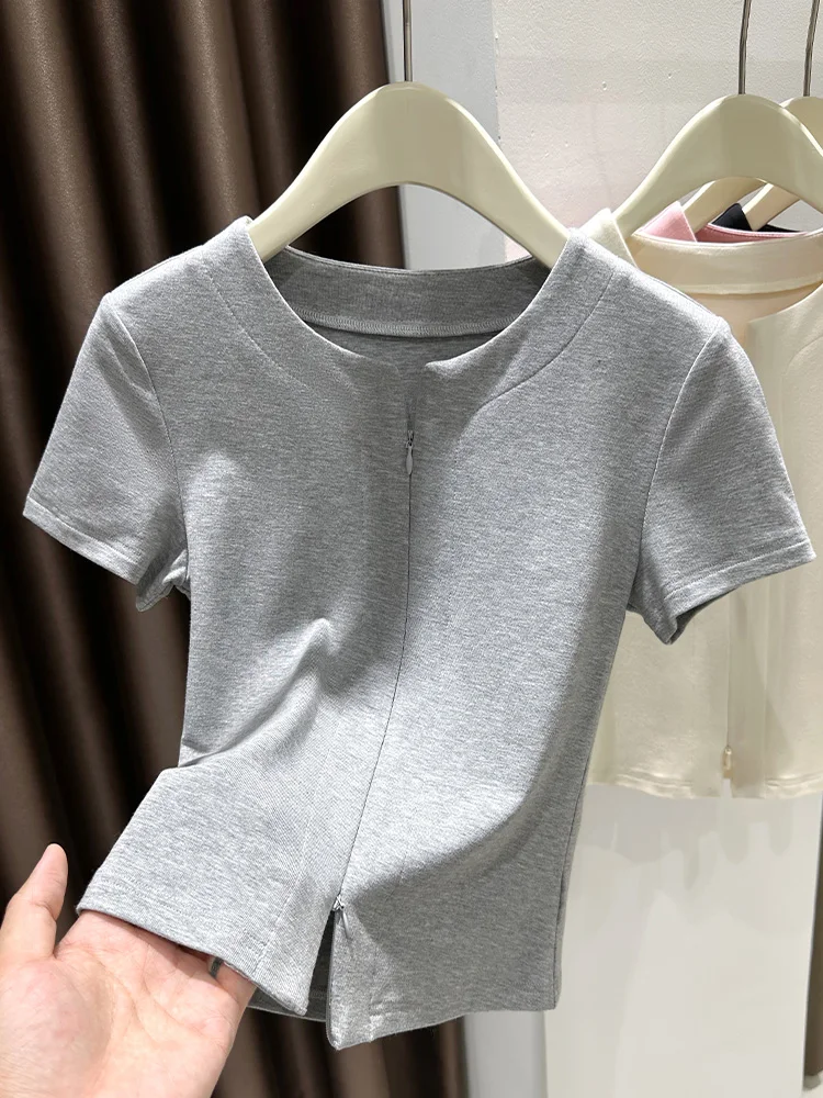 

Корейский дизайн, трикотажная футболка из ледяного шелка с коротким рукавом, женская летняя тонкая футболка с молнией и разрезом, облегающий легкий топ