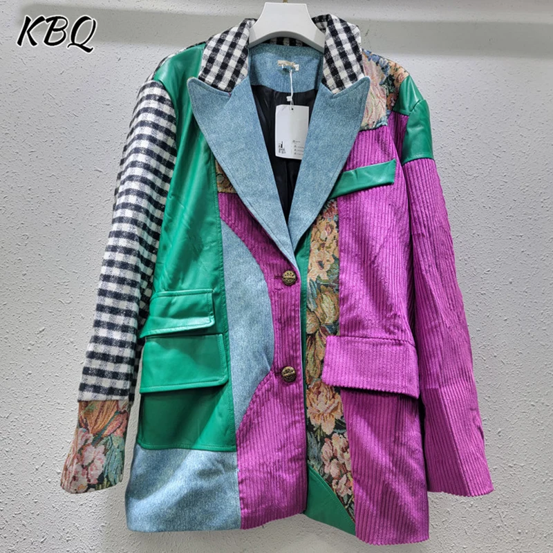 

KBQ Hit Color Patchwork Pockets Loose Jacket For Women Lapel Long Sleeve Spliced Single Breasted Streetwear Designer Coat Female