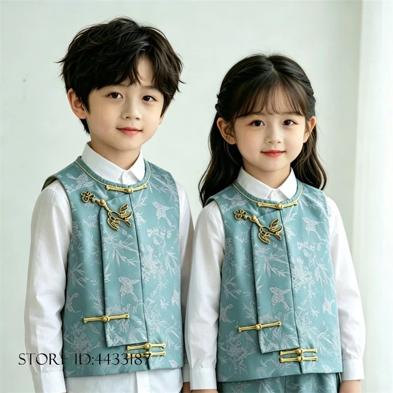 Traditional Children's Vest New Chinese Style Jacquard Tang Clothes Tops Vintage Handmade Buckle Sleeveless Jacket Coat Outwear