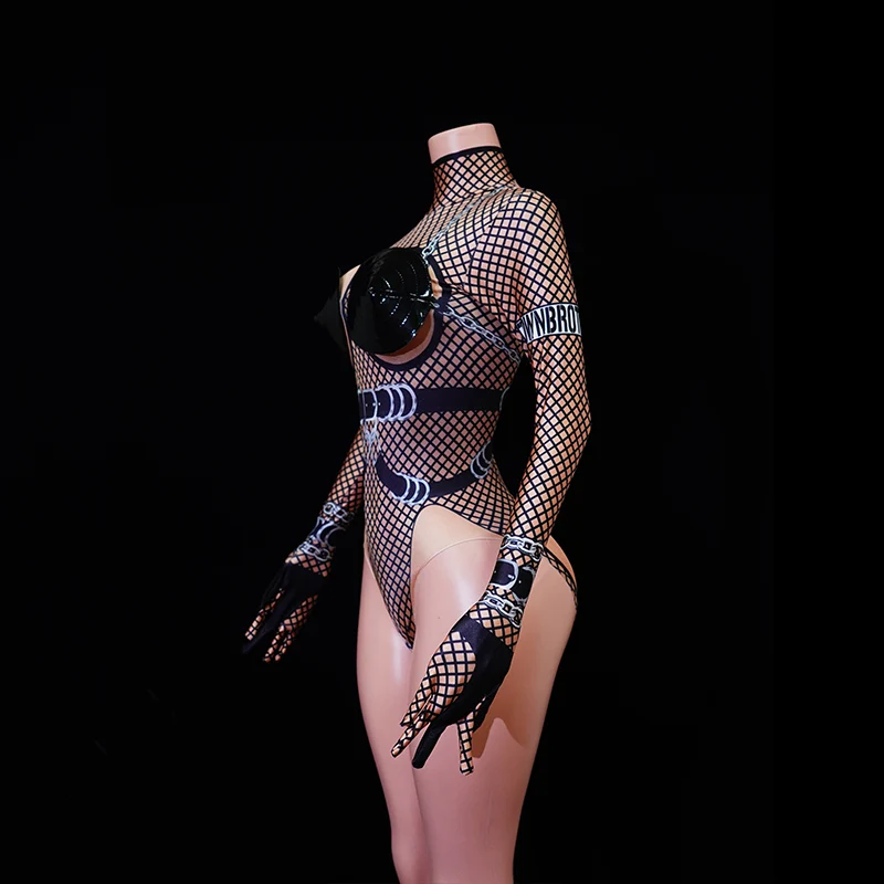 Black Sexy Fashion Women Tights Bodysuits With Headwear Formal Pole Dance Gown Special Occasion Ceremony Drag Queen Costum