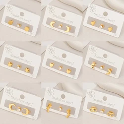 3Pcs Stainless Steel Earrings Star Moon Heart Triangle Geometric Stud Earring for Women Crystal Ear Cartilage Studs Jewelry Sets