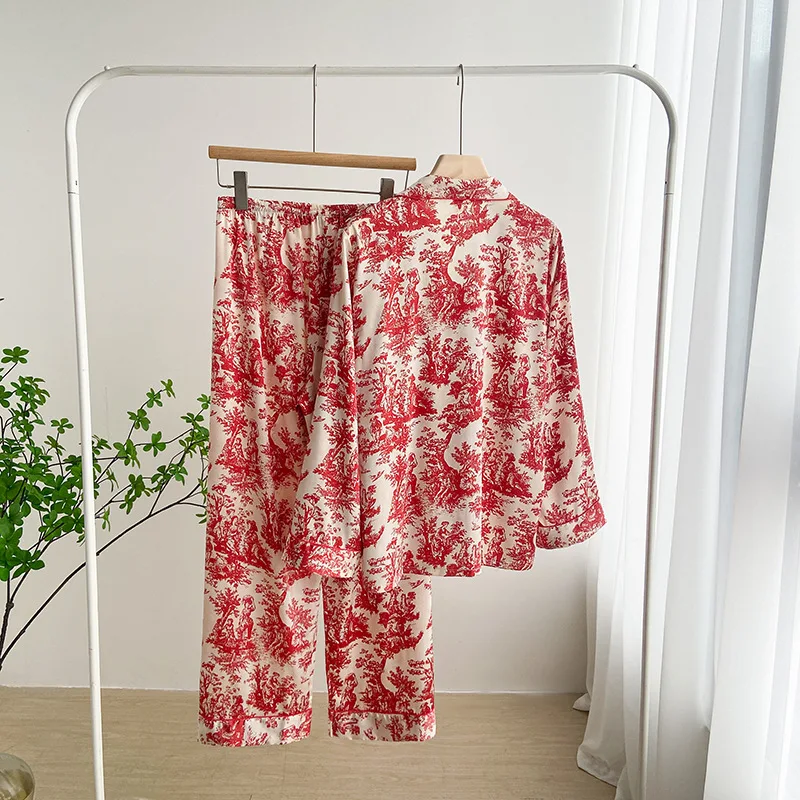 Red Print Pajamas Set Ice Silk Sleepwear Women Soft 2Pcs Pyjamas Long Sleeve Trousers Suit Spring Autumn New Loungewear