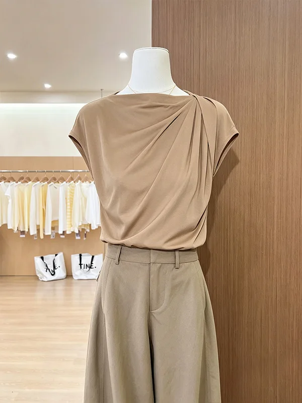 Khaki Pleated Short Sleeve Top Women's New Summer Unique Beautiful Personality Small Shirt Offline Entity Simple Style Loose Fit