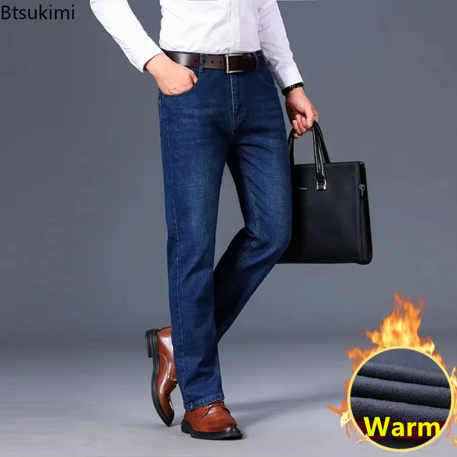 

2025Men's Warm Denim Jeans Pants Autumn Winter Fleece Thicker Warm Trousers Men Stretch Straight Jeans Business Office Jeans Men