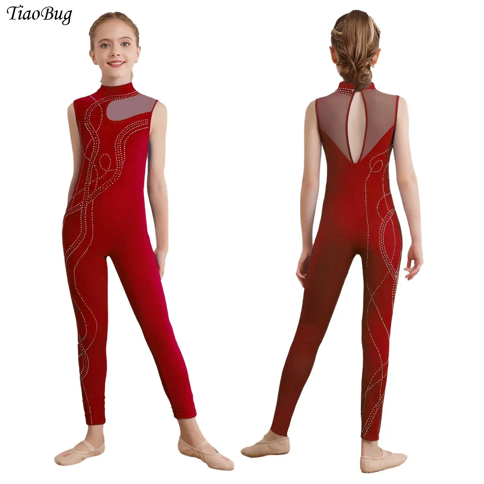 

Girls Sleeveless Rhinestones Gymnastics Dance Jumpsuit Sheer Mesh Ballet Dance Leotard Tank Unitard Figure Skating Full Bodysuit