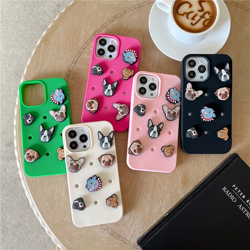 Fashion Bulldog Dog Clogs Holes DIY Phone Case for iPhone 11 12 13 14 15 Pro Max Plus X XS XR mini Cave shoes Cover