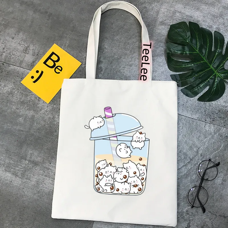 Unisex Shopper Cute cartoon Boba Tea Printed Tote Bag Women Harajuku Shopper Handbag Shoulder Shopping Bag kpop Canvas Bag