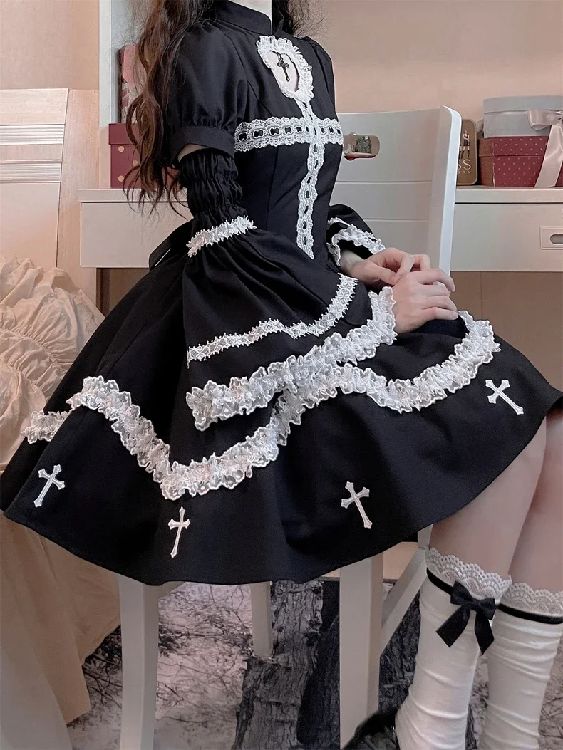 

2023 Japanese Style Gothic Cosplay Dress Female All-Match Robe Long Sleeve Ruffle Lace Black Midi Dresses Y2k Lolita Vestidos