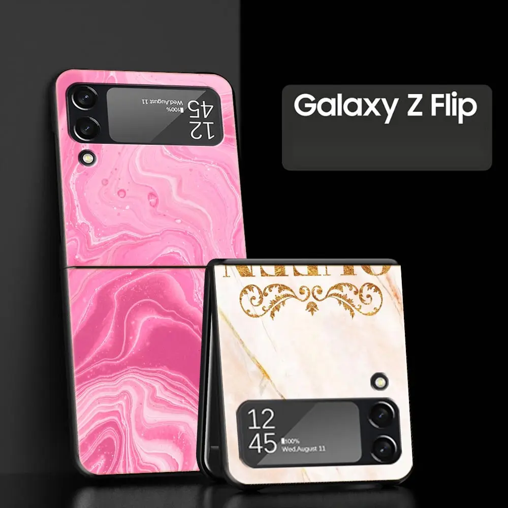 For Samsung Galaxy Z Flip 3 4 5 Hard Black Folding PC Phone Case Rose Gold Pink Marble Queen For Samsung Z Flip3 Back Cover