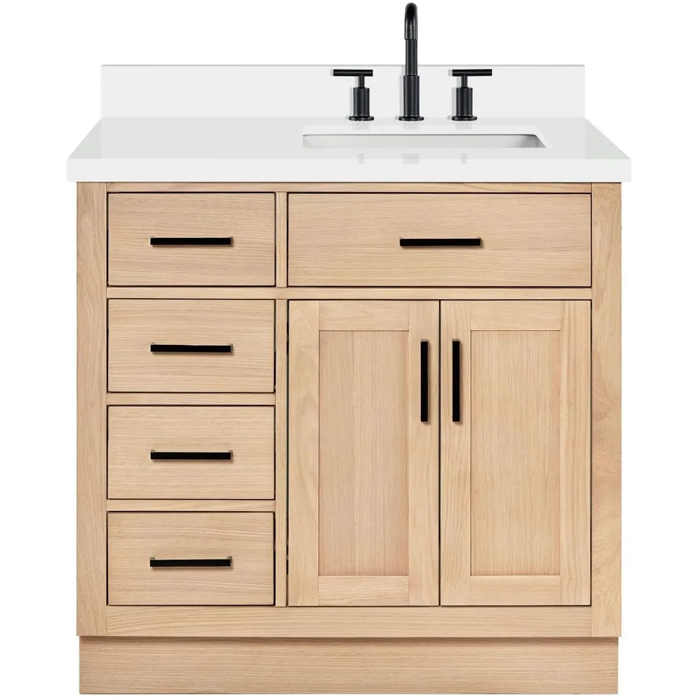 

37" Inch Bathroom Vanity with Sink, Quartz Countertop 1.5 Inch Edge, Right Rectangular Single Sink, Modern Bathroom Cabinet