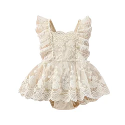 Newborn Baby Girl Romper Dress Sleeveless Mesh Tutu Dress Baby Girls Lace Embroidery Backless Lace Up Bow Dress Jumpsuits