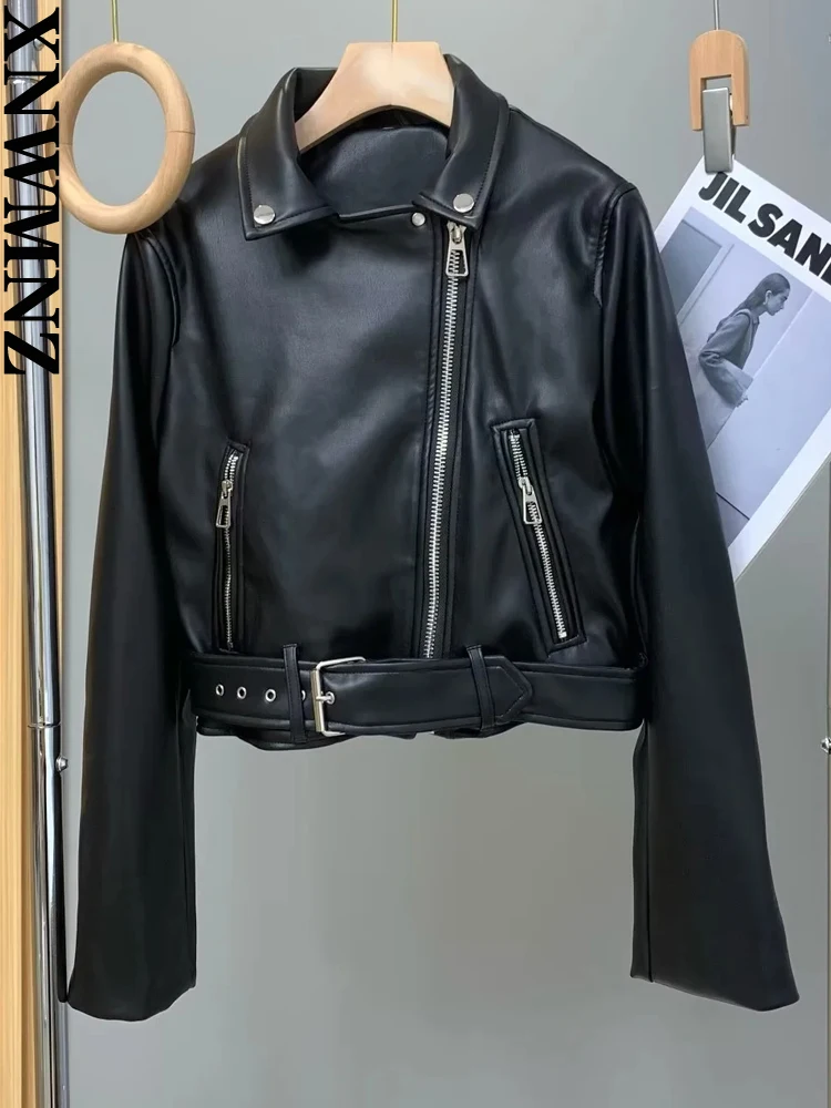 XNWMNZ 2022 Women Fashion Black Faux Leather PU Jacket Woman Belt Zipper Slim Fit Short Outerwear Female Chic Jacket