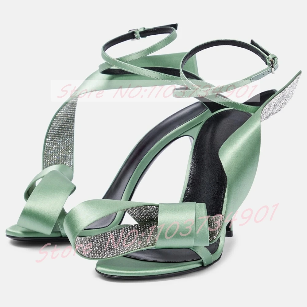 Yellow Crystal Ribbon Wrap Sandals Women Sweet Bowknot Open Toe Thin High Heels Sandals Classy Cross Strap Satin Big Size Shoes