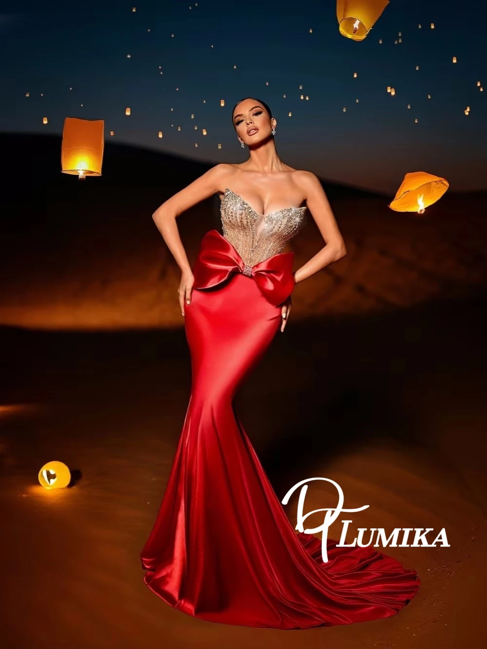 

Modern V Neck Bow Red Evening Dress Fashionable Beading Sexy Mermaid Prom Corset Customized Classic Sleeveless Cocktail Gown