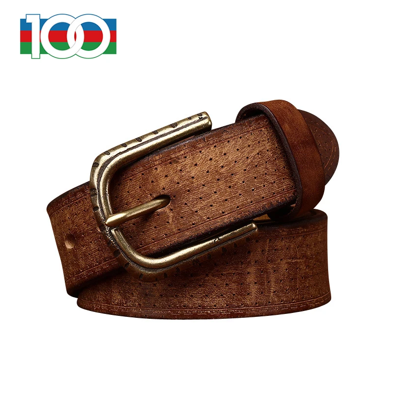 Men's leather belt thickened extra thick hollow leather belt men's leather copper buckle layer cowhide washed retro casual belt