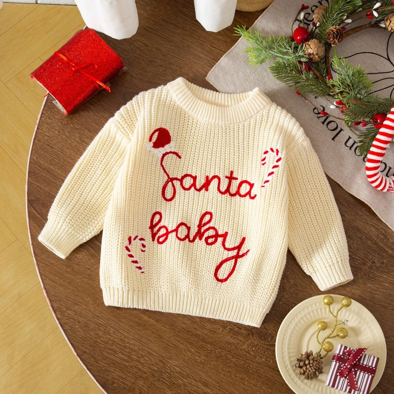 

Unisex Baby Christmas Knitted Sweater for Fall & Winter Boys & Girls Cute Letter Embroidery Long Sleeve Crew Neck Pullover