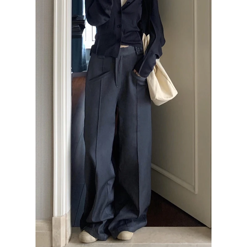 

PBAP Office Lady Women Pleated Draped Suit Trousers Gray Spliced Pockets Loose Plain Wide Straight Pants Casual Business Clothes