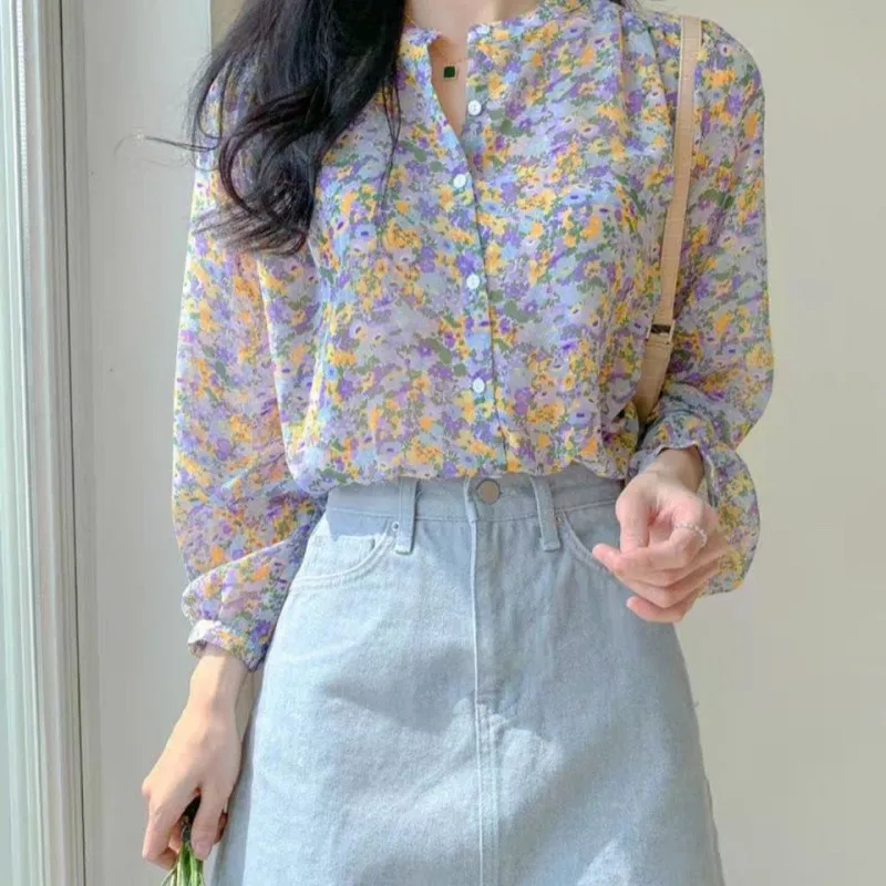 Women Spring Summer Style Blouses Shirts Lady Casual Long Sleeve V-Neck Flower Printed Blusas Tops DF3896