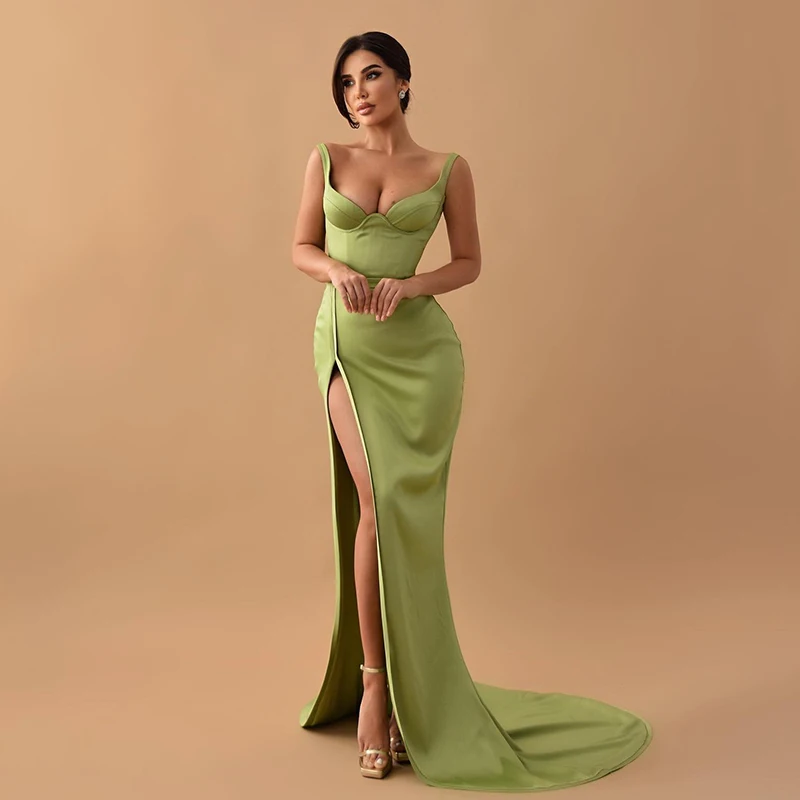 Thinyfull-Vestidos de Fiesta de sirena para mujer, traje de noche de satén con abertura alta, color verde, Formal, con escote Corazón, talla