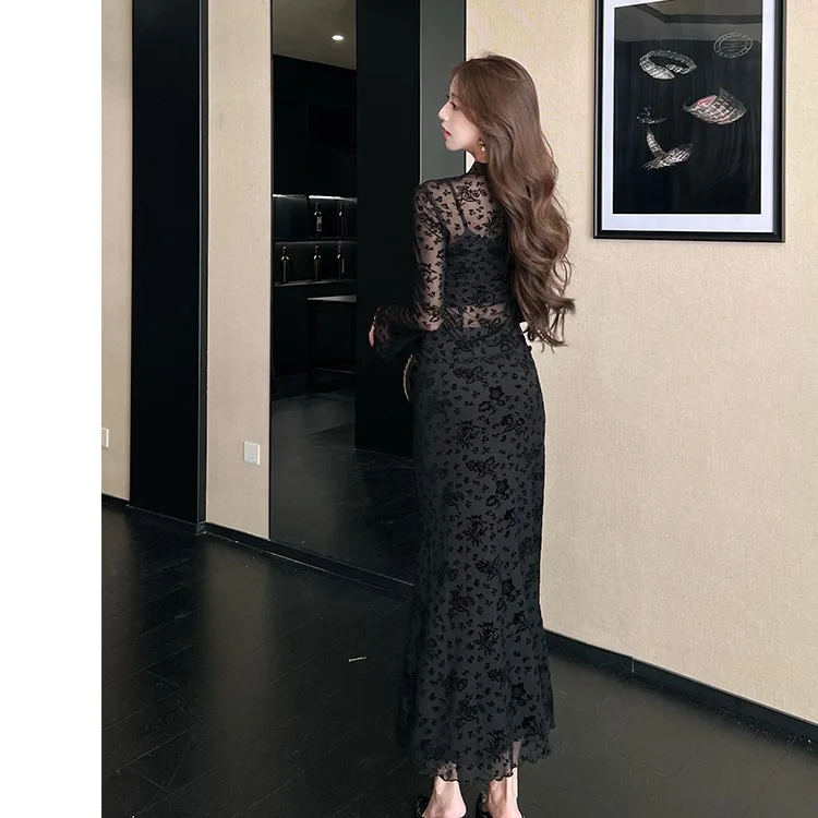 Ele dentelle brûlée fleur haut ensemble femmes printemps été automne nouveau Sle transparent ceinturé Dr beau Ba Faionable...