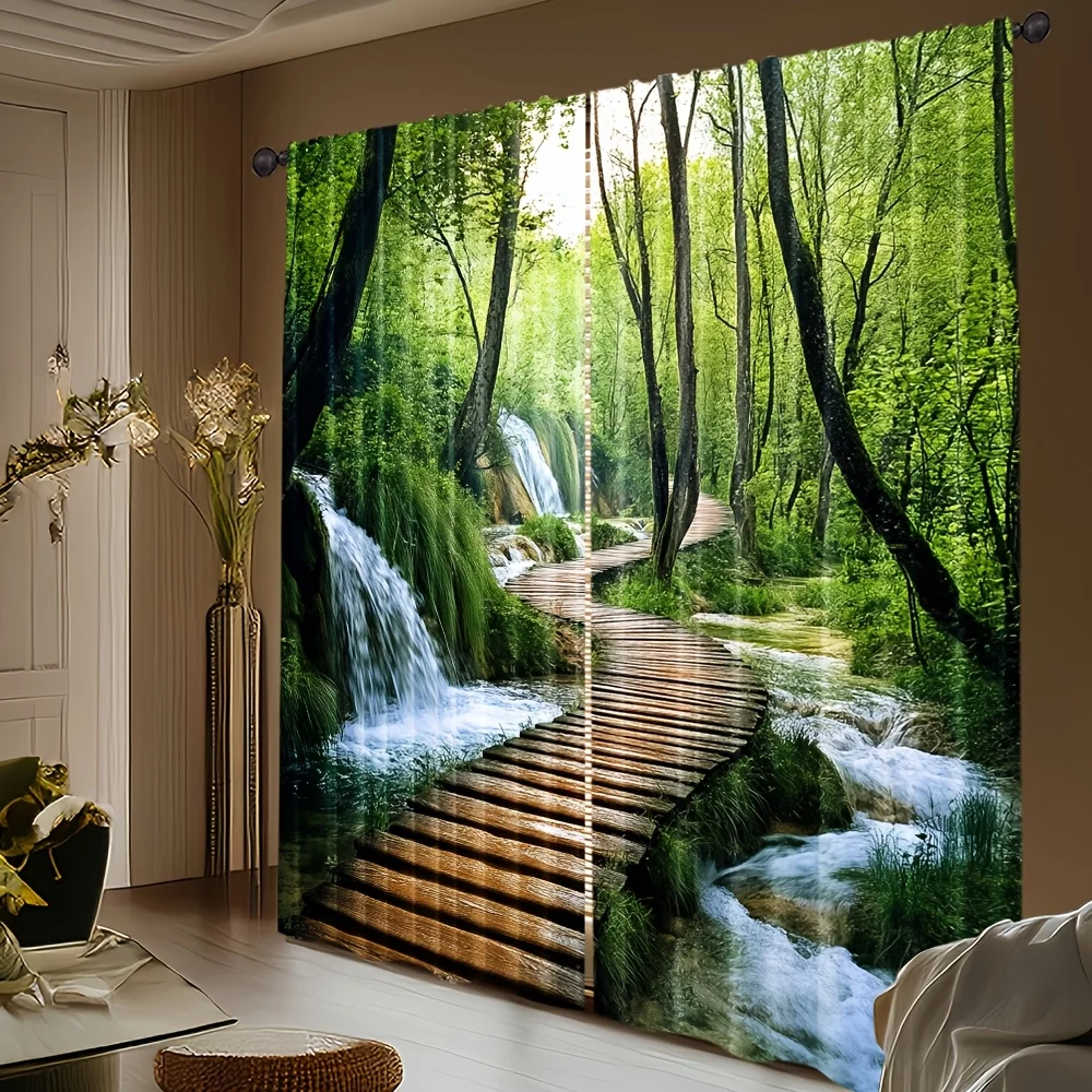 2pcs Forest Stream Print Curtains Wooden Path Nature Scenery Design Tranquil Style Polyester Window Drapes for Living Room