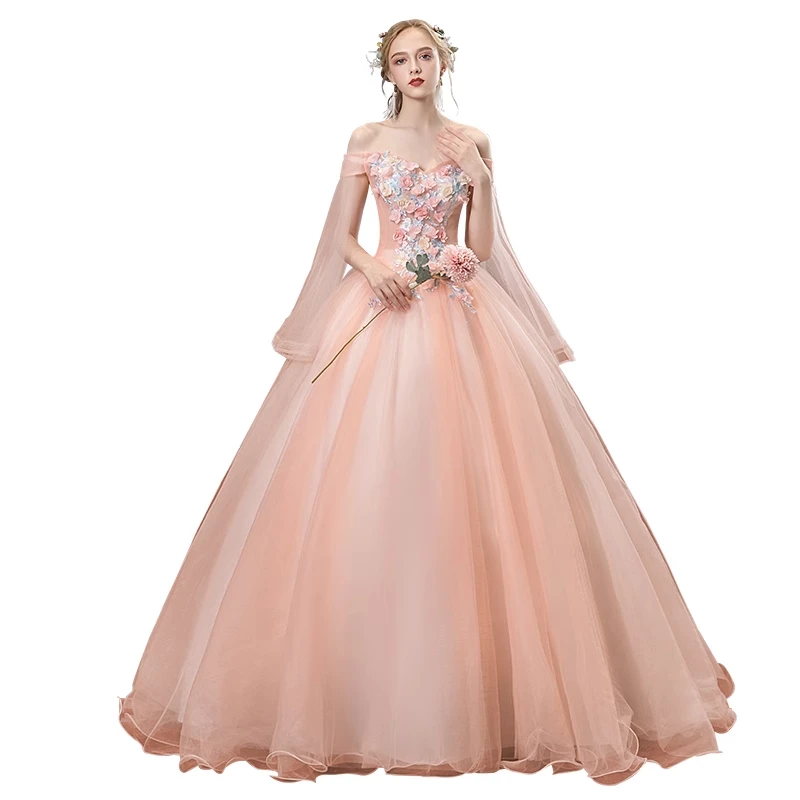 

Pink Pearls Flowers Appliqued Quinceanera Dress Classic Off Shoulder Ball Gown Party Dress Robe De Bal Prom Dress Corset