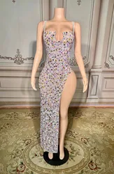 Sparkly Clubbing Rhinestone Drill Chain Bodysuits For Women Sexy Long Sleeve See Through Mesh Leotard Carnival Photography 2023