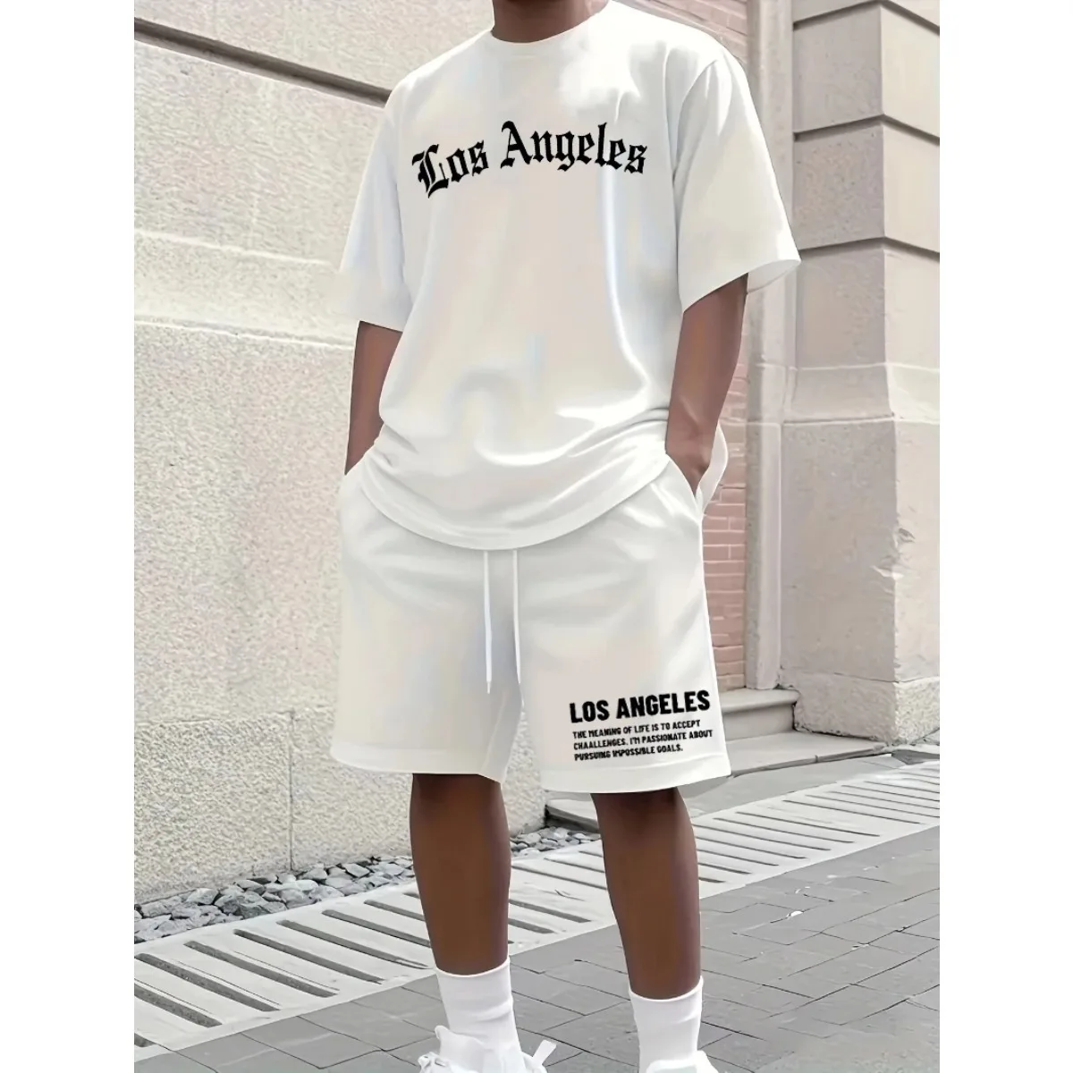 

Men's 2025 New Summer 100% Cotton Fashion Los Angeles Letter Printing Loose Large Casual Comfort T-Shirt Shorts Two-piece Set