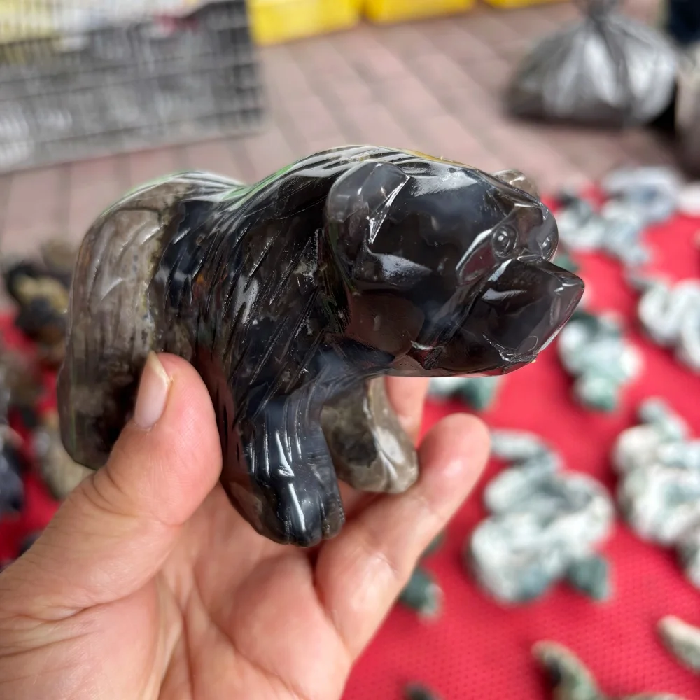 Natural Crystal Bear Volcanic Agate Figurine Reiki Healing Gothic Hand Carved Animal Stone Decor Gift