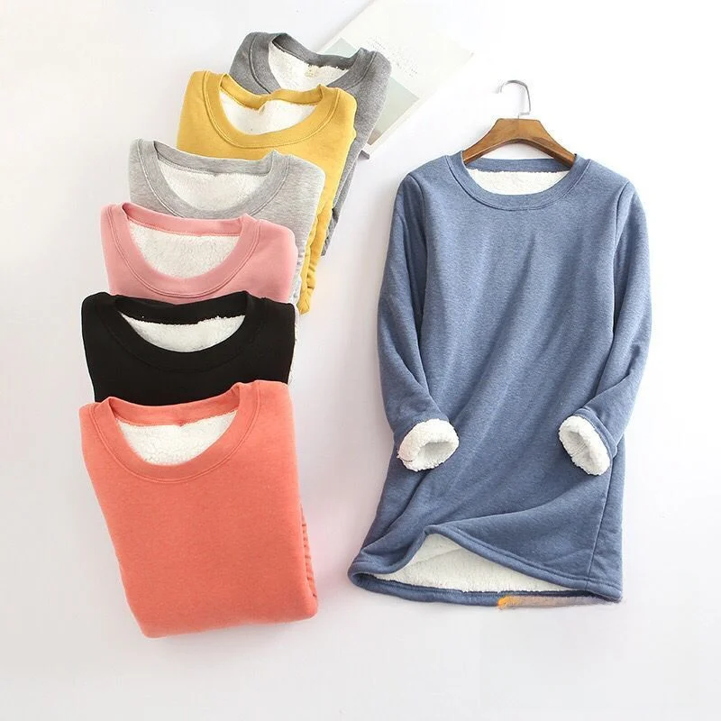plus Size Warm Long Sve Fce Lined Mid-Length Slim Fit T-irt Base irt for Autumn Winter Thiened Cotton Women's Top