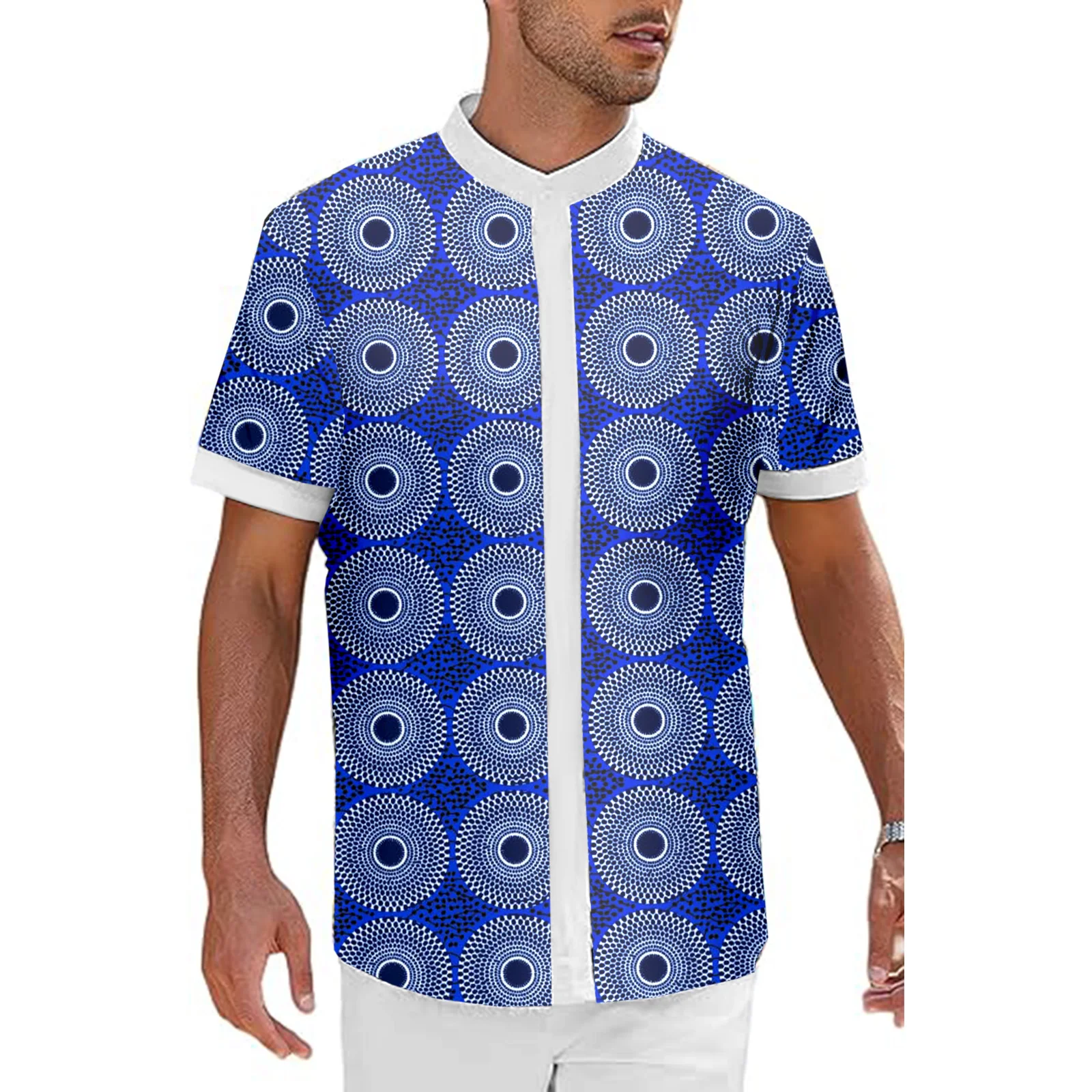 SEA&ALP Men's African Traditional Pattern Printed Casual linen T-Shirt Dashiki Hidden Button Down Retro Attire