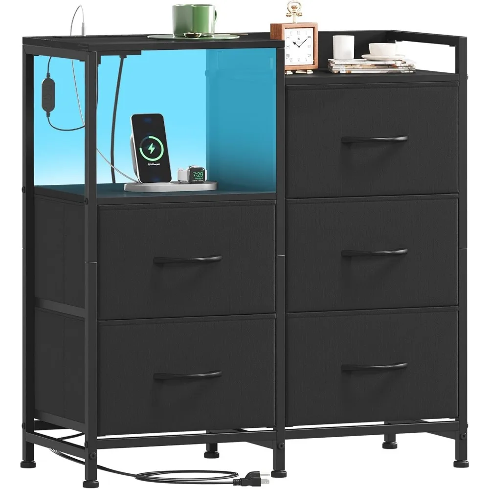 5-Drawer Nightstand with Charging & LED | Fabric Bin Dresser for Kids, Closet, Dorm, Guest Room, Black