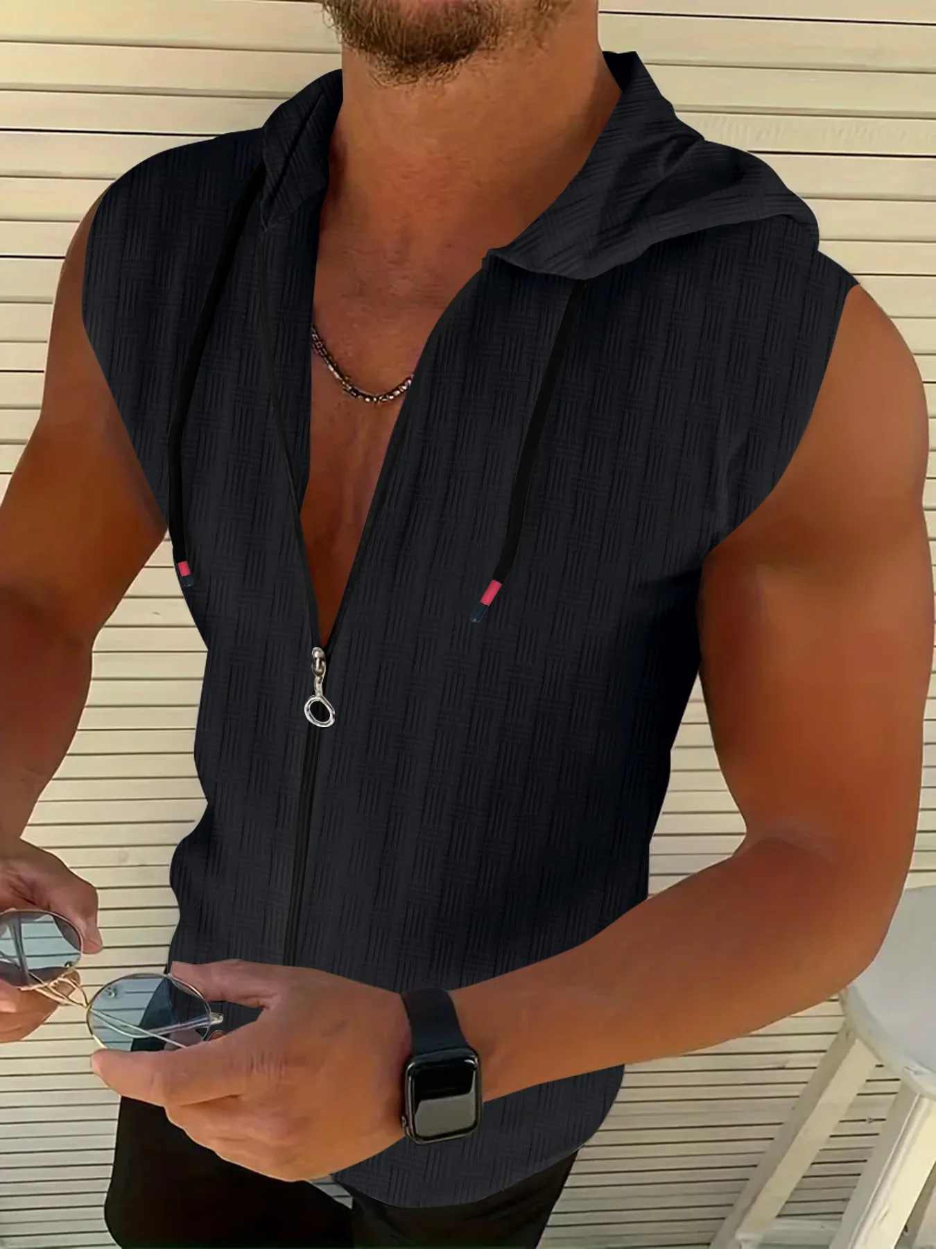 Men's T-Shirt Hooded Vest Casual Summer Solid-Color Jacquard Cardigan Zipper Drawstring Patterned Lightweight Tops