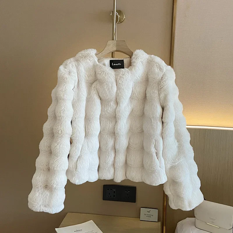 Women Short Coat Faux Fur Coats Sexy White Round Neck Fur Jacket Outerwear Tops Winter Elegant Open Stitch Thick Warm Jackets