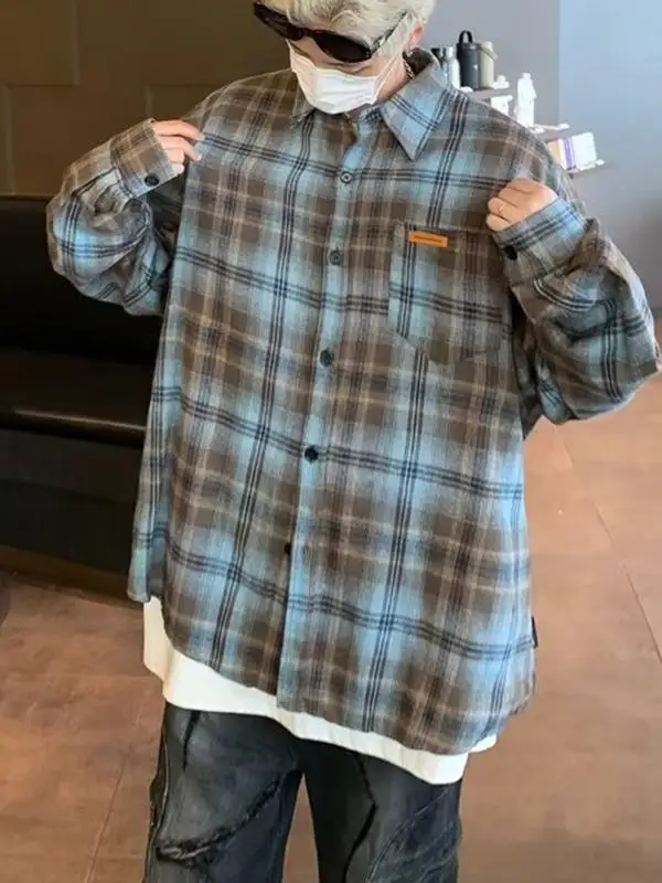 

Модная свободная удлиненная куртка в клетку для пар, повседневная верхняя одежда из хлопка и полиэстера для молодежи, весна-осень