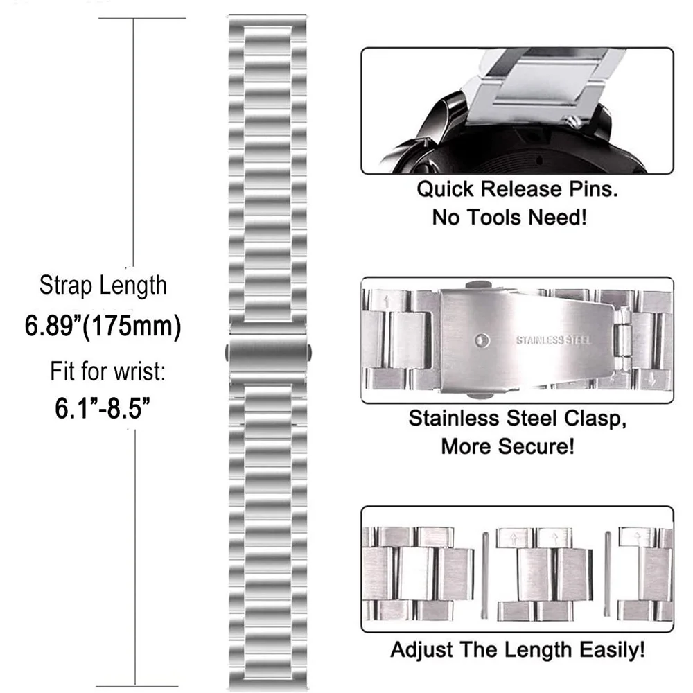 18mm 20mm 22mm Watch Band Stainless Steel Watch Strap, Quick Release, Replacement Compatible With Smartwatch, Traditional Watch