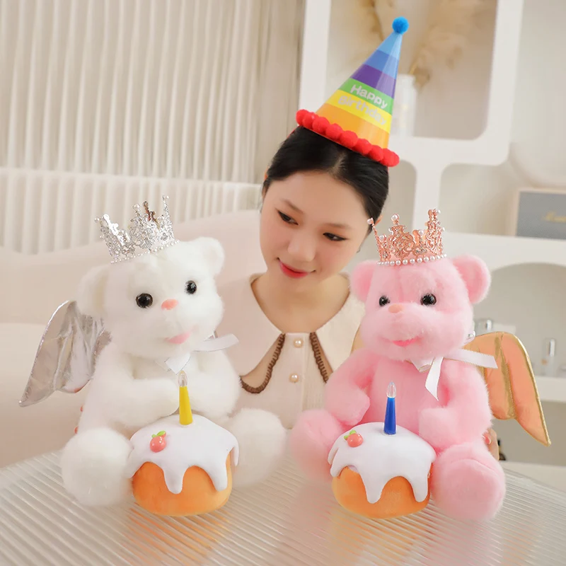 Angels Make Wishes Happy Birthday Bear Plush Toys Cute Stuffed Animal Wing Bears Can Singing Talking Dolls for Kid Birthday Gift