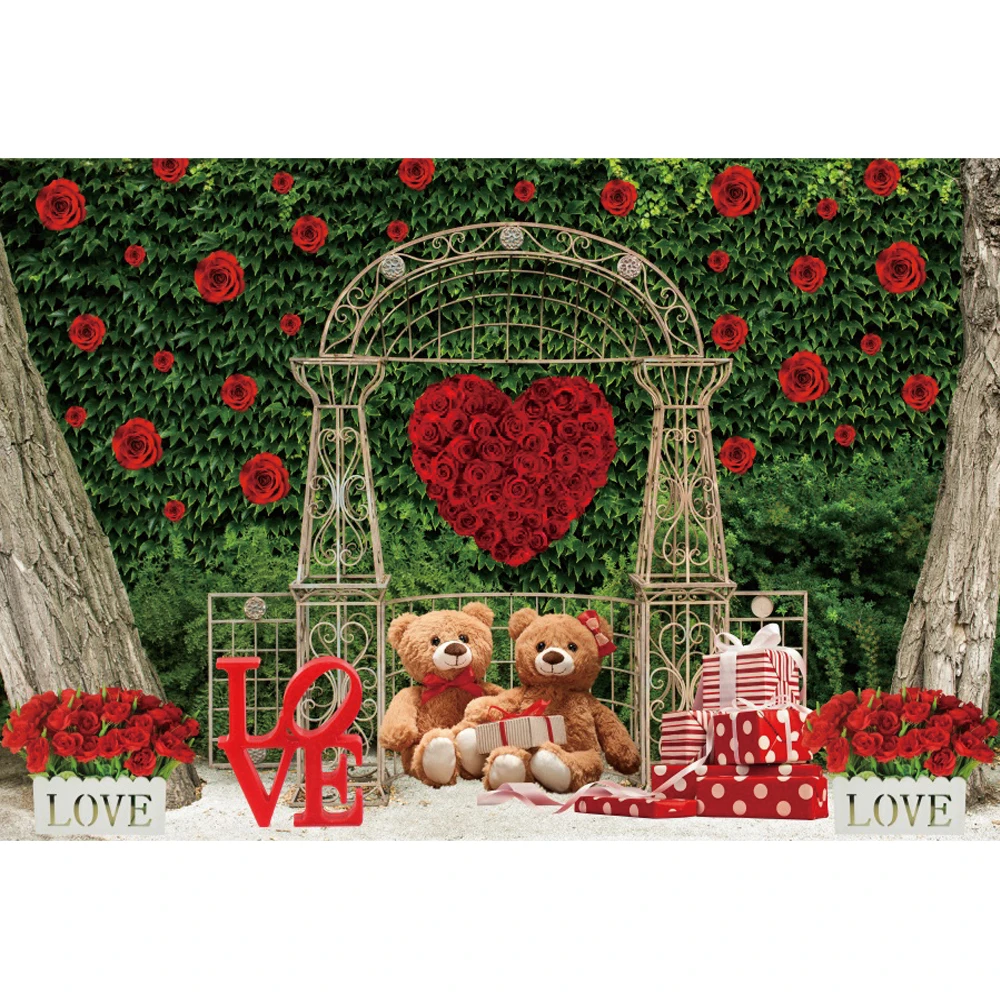 Laeacco-خلفية عيد الحب سعيد ، قلب الحب ، جدار العشب الأخضر ، الدب ، الورد ، الزفاف ، دش الزفاف ، تصوير الحفلات ، الخلفية