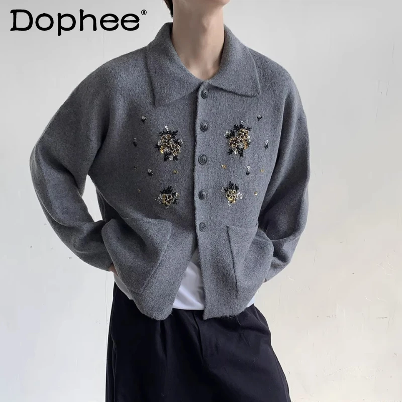 

Мужчины Женщины 202, осень-зима, новые высококачественные трикотажные изделия, кардиган с вышитыми пайетками и цветами, свитера, пара вязаных верхних курток с лацканами