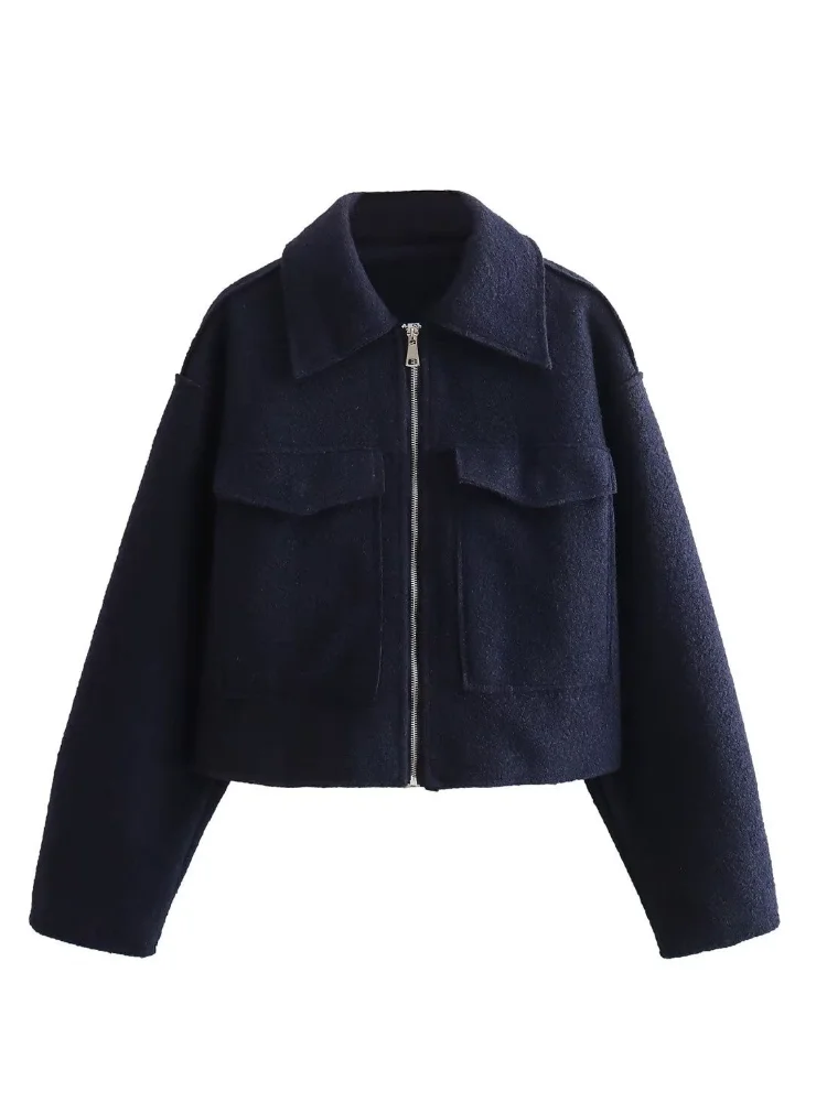 Vintage Women Navy Blue Jacket 2024 Fashion Spring Autumn Ladies Casual Commute Jacket Female Zipper Pocket Jacket