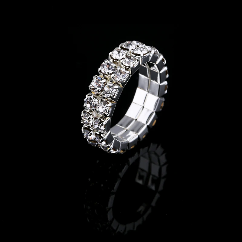 Crystal Rhinestone Wedding Rings Silver Plated Multi Rows Bridal Sparky Diamante Stretch Ring for Women