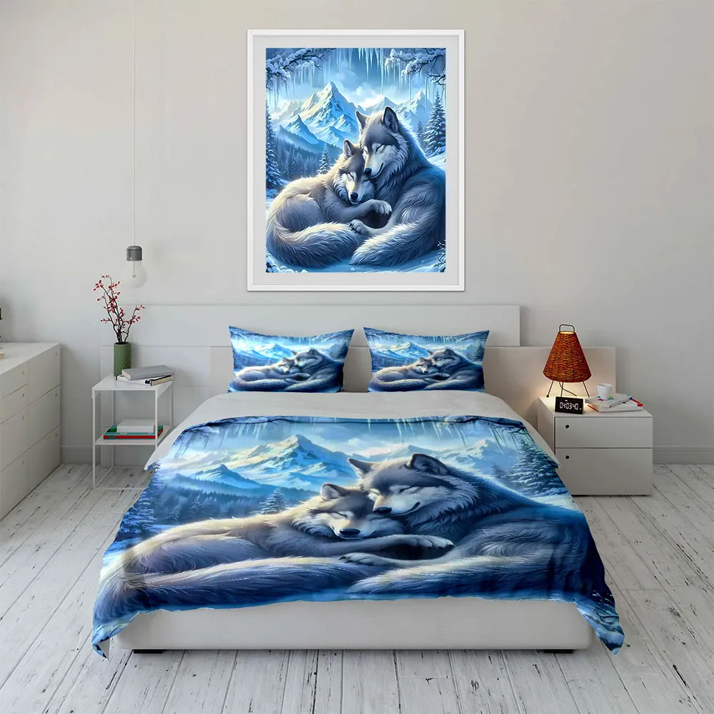 Peaceful wolves in snowy winter Print Soft Comfortable Duvet Cover Bedding Set Included 1*Duvet Cover  2*Pillowcases