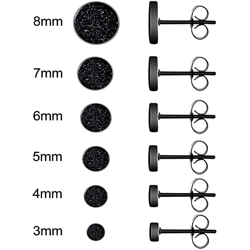 WKOUD 1/6 Pairs Of Round Earrings Set Punk Fashion Stainless Steel Hypoallergenic Matte Matte Black 3mm-8mm For Men Women