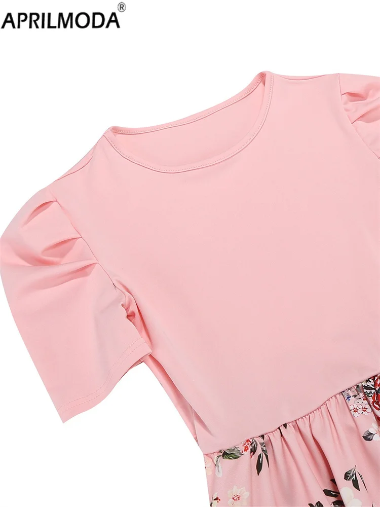 Elegante rosa floral impressão retalhos verão retro vintage vestido de manga curta doce uma linha pista pinup férias alargamento vestidos 2025