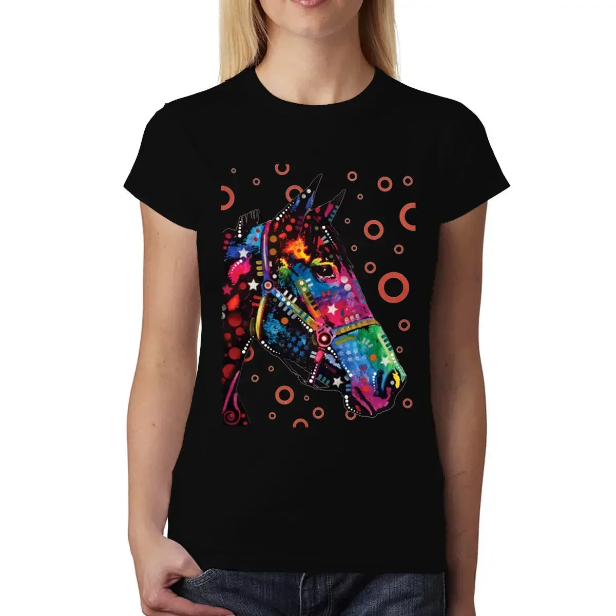 Horse Harness T-Shirt 100% Cotton O-Neck Short Sleeve Summer Casual Womens T-shirt Streetwear